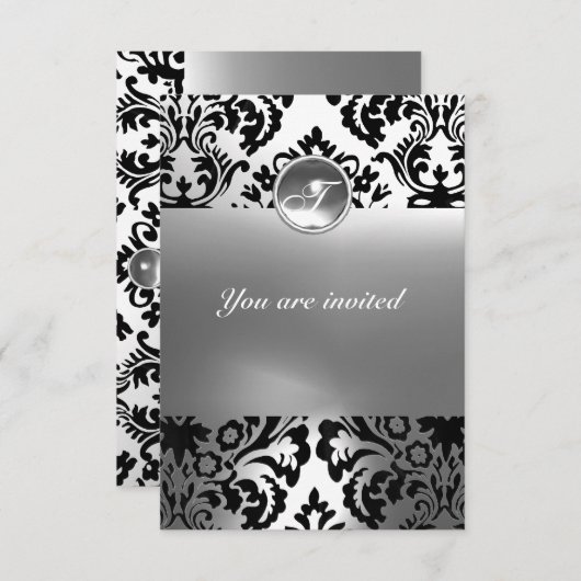 Invitation DAMASK GEMME PIERRE MONOGRAMME blanc (Devant / Derrière)