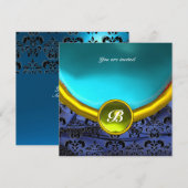 Invitation DAMASK GEMME PIERRE MONOGRAMME bleu noir jaune bla (Devant / Derrière)