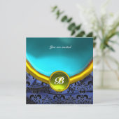 Invitation DAMASK GEMME PIERRE MONOGRAMME bleu noir jaune bla (Debout devant)