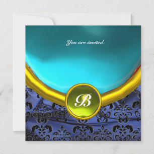 Invitation DAMASK GEMME PIERRE MONOGRAMME bleu noir jaune bla