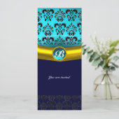 Invitation DAMASK GEMME PIERRE MONOGRAMME ,bleu turquoise (Debout devant)