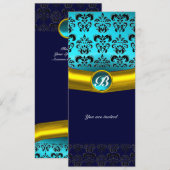 Invitation DAMASK GEMME PIERRE MONOGRAMME ,bleu turquoise (Devant / Derrière)