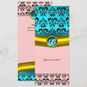 Invitation DAMASK GEMME PIERRE MONOGRAMME ,bleu turquoise (Devant / Derrière)