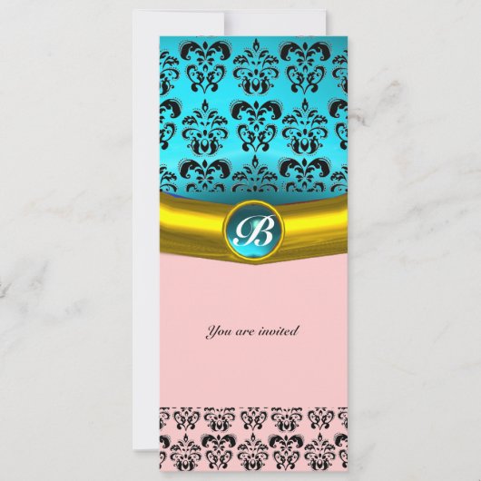 Invitation DAMASK GEMME PIERRE MONOGRAMME ,bleu turquoise (Devant)