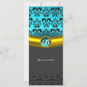 Invitation DAMASK GEMME PIERRE MONOGRAMME ,bleu turquoise