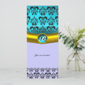 Invitation DAMASK GEMME PIERRE MONOGRAMME ,bleu turquoise (Debout devant)