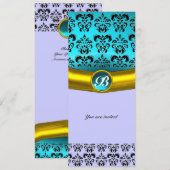 Invitation DAMASK GEMME PIERRE MONOGRAMME ,bleu turquoise (Devant / Derrière)