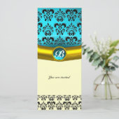 Invitation DAMASK GEMME PIERRE MONOGRAMME ,bleu turquoise (Debout devant)