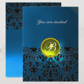 Invitation DAMASK GEMME PIERRE MONOGRAMME jaune bleu (Devant / Derrière)