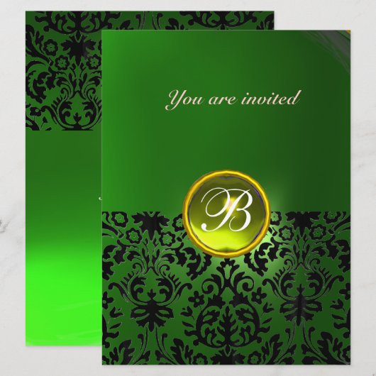 Invitation DAMASK GEMME PIERRE MONOGRAMME jaune vert (Devant / Derrière)