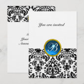 Invitation DAMASK GEMME PIERRE MONOGRAMME lin bleu saphir rsv (Devant / Derrière)