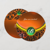 Invitation DAMASK GEMME PIERRE MONOGRAMME orange vert (Devant / Derrière)