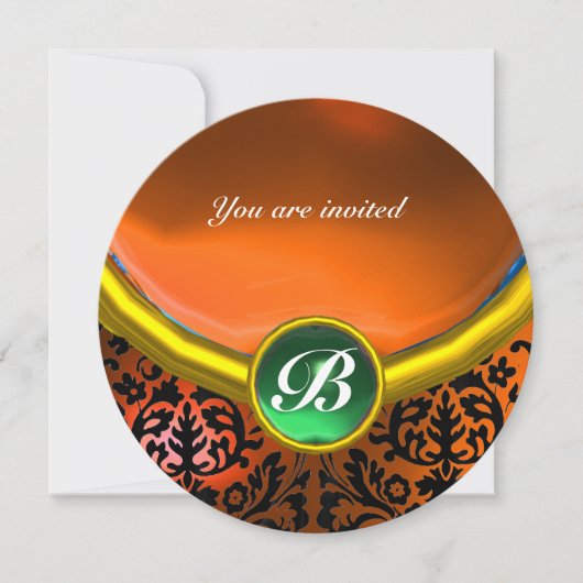 Invitation DAMASK GEMME PIERRE MONOGRAMME orange vert (Devant)