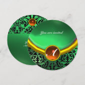 Invitation DAMASK GEMME PIERRE MONOGRAMME orange vert (Devant / Derrière)