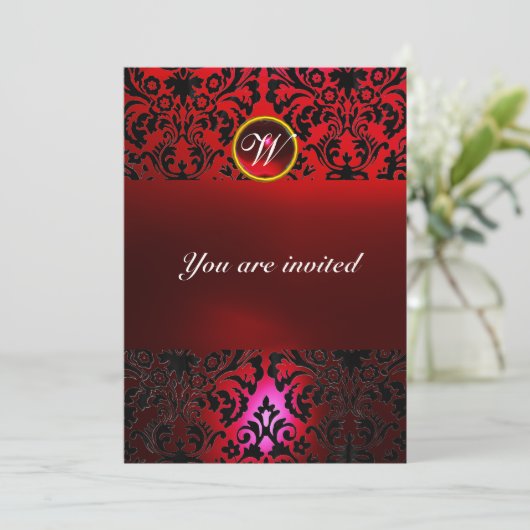 Invitation DAMASK GEMME PIERRE MONOGRAMME rouge burgundy (Debout devant)