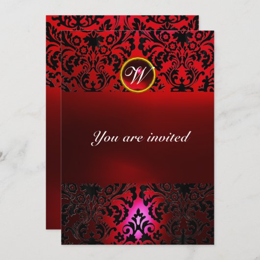 Invitation DAMASK GEMME PIERRE MONOGRAMME rouge burgundy (Devant / Derrière)