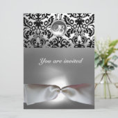 Invitation DAMASK GEMME PIERRE MONOGRAMME ruban blanc gris no (Debout devant)