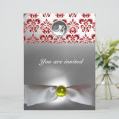 Invitation DAMASK GEMME PIERRE MONOGRAMME ruban blanc gris ro (Debout devant)