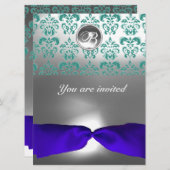 Invitation DAMASK GEMME PIERRE MONOGRAMME ruban bleu (Devant / Derrière)