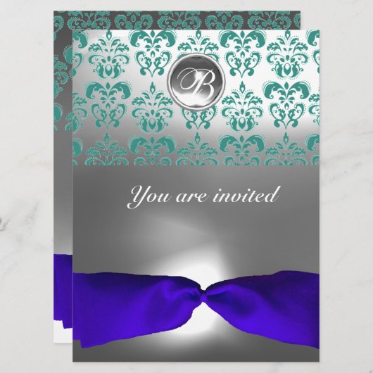 Invitation DAMASK GEMME PIERRE MONOGRAMME ruban bleu (Devant / Derrière)
