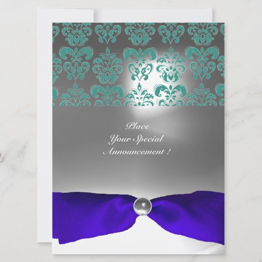 Invitation DAMASK GEMME PIERRE MONOGRAMME ruban bleu (Dos)