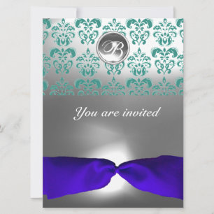 Invitation DAMASK GEMME PIERRE MONOGRAMME ruban bleu