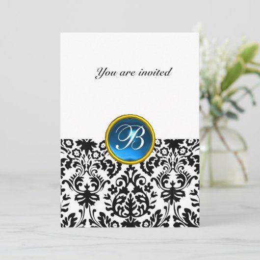Invitation DAMASK GEMME PIERRE MONOGRAMME saphir bleu avec (Debout devant)