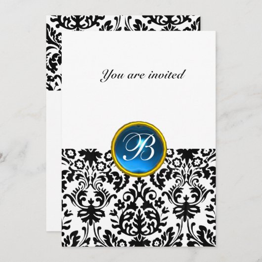 Invitation DAMASK GEMME PIERRE MONOGRAMME saphir bleu avec (Devant / Derrière)