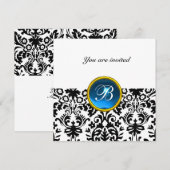 Invitation DAMASK GEMME PIERRE MONOGRAMME saphir bleu blanc (Devant / Derrière)