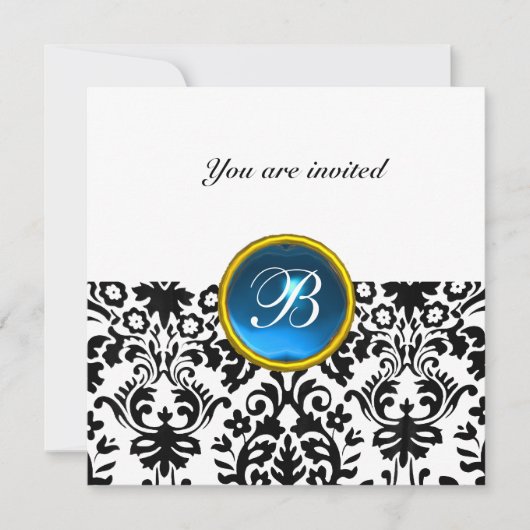 Invitation DAMASK GEMME PIERRE MONOGRAMME saphir bleu blanc (Devant)