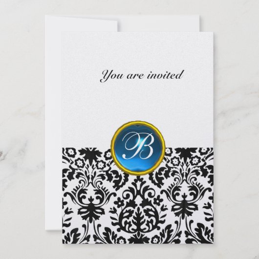 Invitation DAMASK GEMME PIERRE MONOGRAMME saphir bleu glace (Devant)