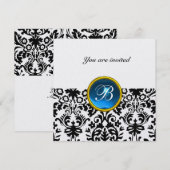 Invitation DAMASK GEMME PIERRE MONOGRAMME saphir bleu glace (Devant / Derrière)