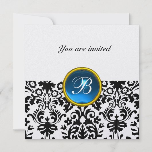 Invitation DAMASK GEMME PIERRE MONOGRAMME saphir bleu glace (Devant)