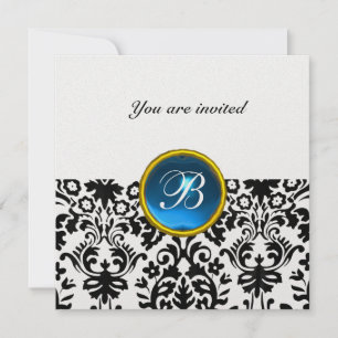 Invitation DAMASK GEMME PIERRE MONOGRAMME saphir bleu glace