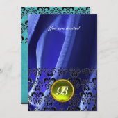 Invitation DAMASK GEMME PIERRE MONOGRAMME soie bleu (Devant / Derrière)