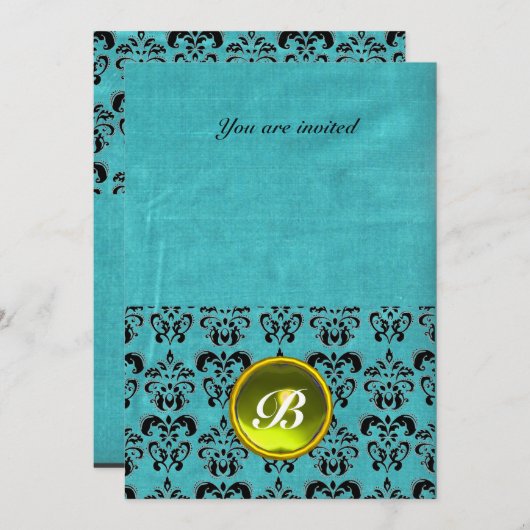 Invitation DAMASK GEMME PIERRE MONOGRAMME soie bleu noir blan (Devant / Derrière)
