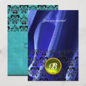 Invitation DAMASK GEMME PIERRE MONOGRAMME soie bleue (Devant / Derrière)