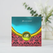 Invitation DAMASK GEMME PIERRE MONOGRAMME soie pourpre bleue (Debout devant)