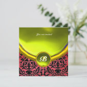 Invitation DAMASK GEMME PIERRE MONOGRAMME soie pourpre jaune (Debout devant)