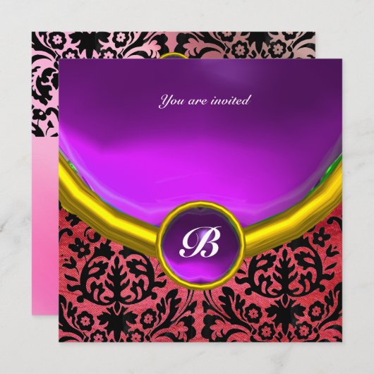 Invitation DAMASK GEMME PIERRE MONOGRAMME soie violet noir (Devant / Derrière)