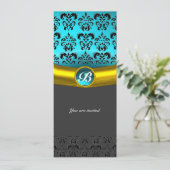 Invitation DAMASK GEMME PIERRE MONOGRAMME , turquoise bleu (Debout devant)