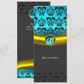 Invitation DAMASK GEMME PIERRE MONOGRAMME , turquoise bleu (Devant / Derrière)