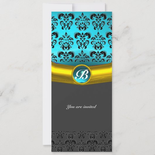 Invitation DAMASK GEMME PIERRE MONOGRAMME , turquoise bleu (Devant)