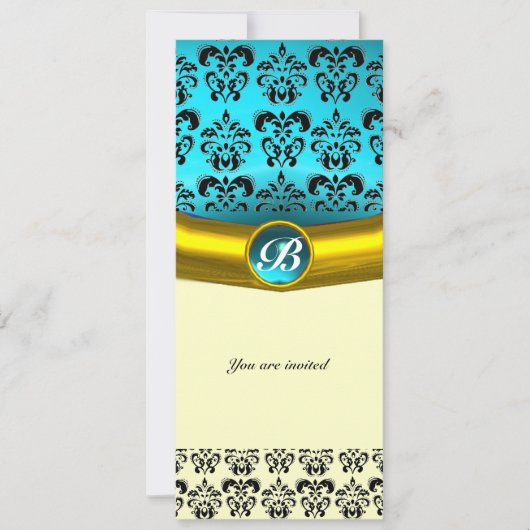 Invitation DAMASK GEMME PIERRE MONOGRAMME , turquoise bleu (Devant)