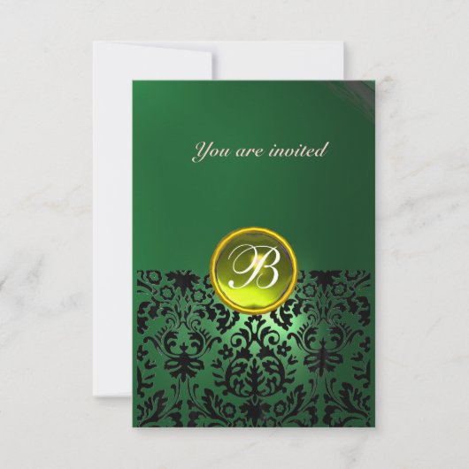 Invitation DAMASK GEMME PIERRE MONOGRAMME vert jaune rsvp (Devant)