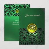 Invitation DAMASK GEMME PIERRE MONOGRAMME vert jaune rsvp (Devant / Derrière)