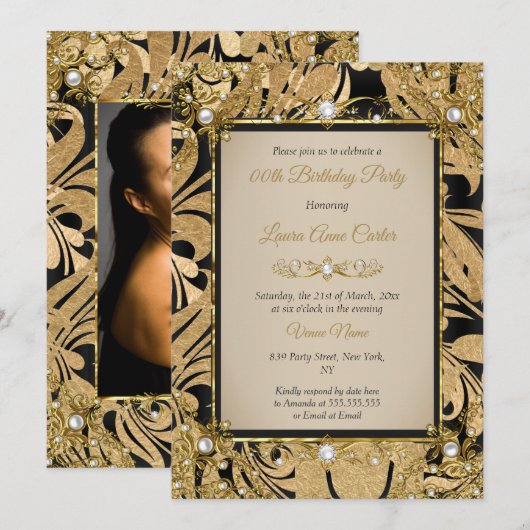 Invitation Damask Gold Beige Pearl Photo Anniversaire (Devant / Derrière)