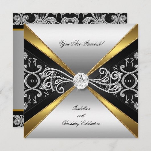 Invitation Damask Gold Black Silver Diamond Anniversaire Part (Devant / Derrière)