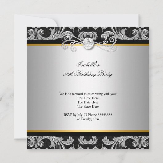 Invitation Damask Gold Black Silver Diamond Anniversaire Part (Dos)