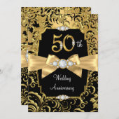 Invitation Damask Gold Bow noir diamant 50e anniversaire (Devant / Derrière)